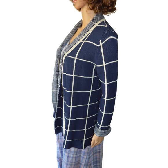 ModCloth Simply Snuggly Plaid Grid Cardigan Navy White Women Size Small Cozy - Picture 3 of 7